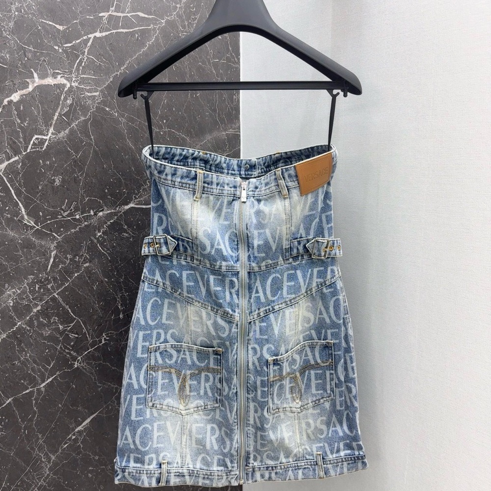 Versace Light Blue Logo-Printed Strapless Denim Mini Dress - Picture 7 of 9